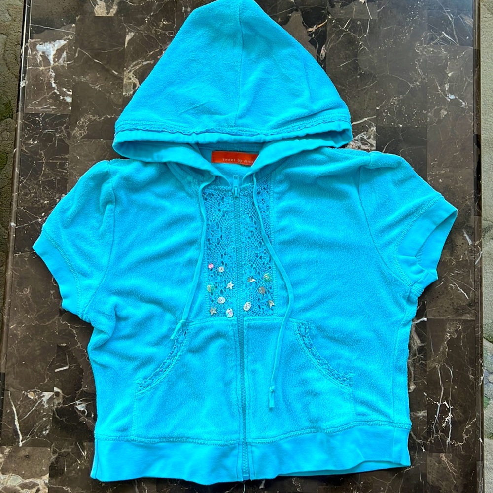 Vintage 2000’s Girls Ocean Blue Terry Cloth Short Sleeve Hoodie Zip Sweater